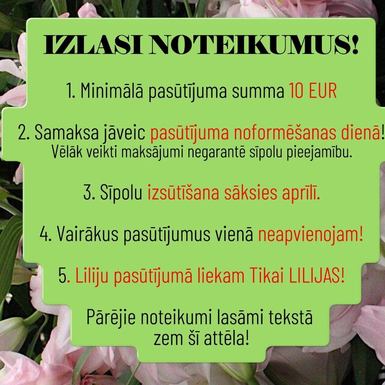   Liliju sīpolu pasūtīšanas un saņemšanas noteikumi te